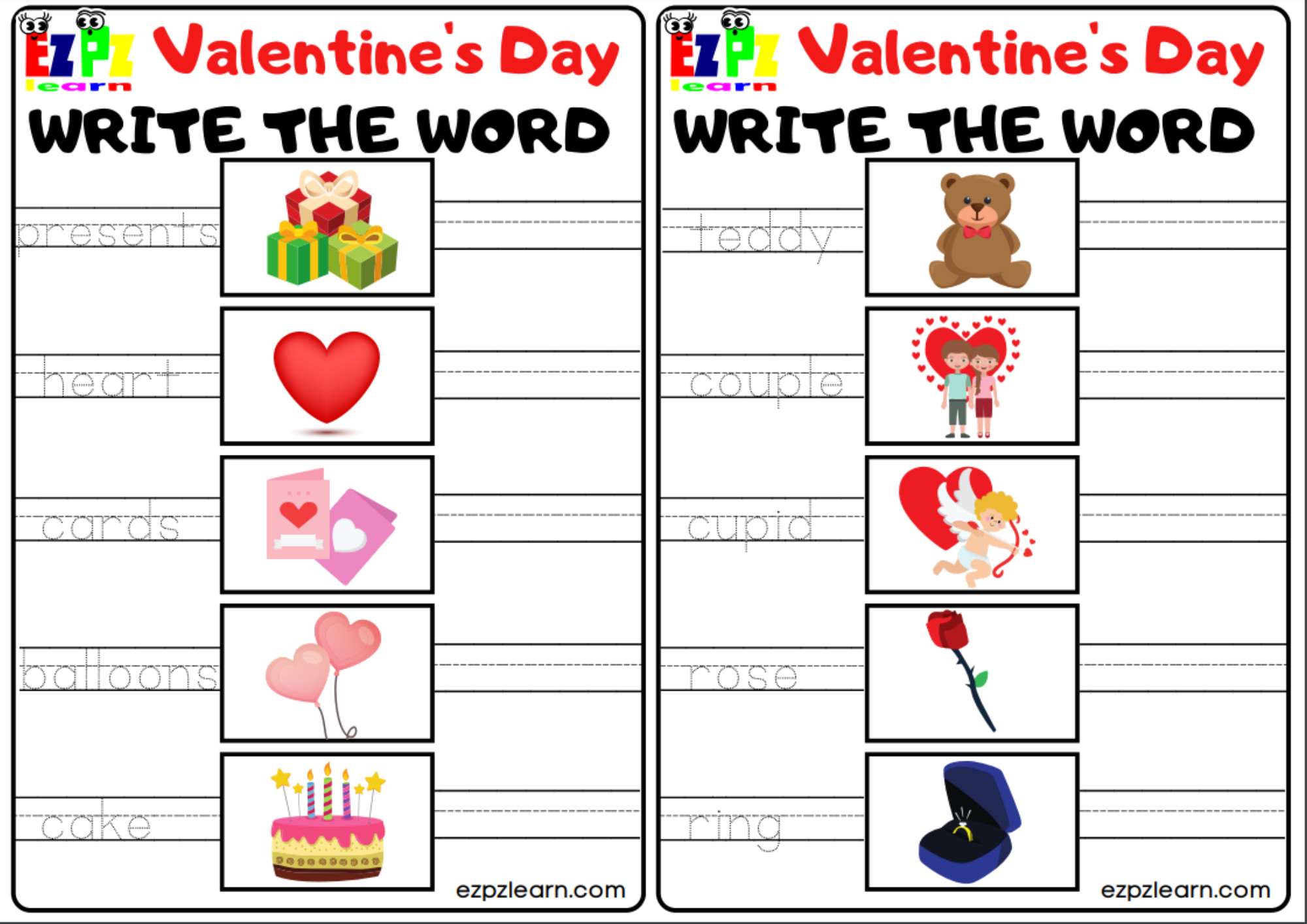 Valentines Day Holiday Write the Word Free PDF Worksheet Download